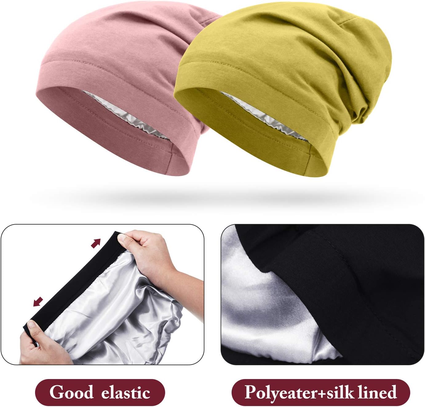 6 Pieces Satin Lined Sleep Cap Slouchy Skull Beanie Hat Night Hair Cap Headwear Head Wrap for Curly Hair Women Girl