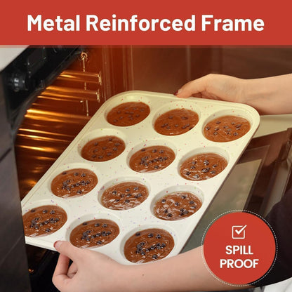 Silicone Muffin Pan, Metal Reinforced Frame Cupcake Pan 12 Cups Regular Size Easy to Move in or Out of Oven Non-Stick (2)
