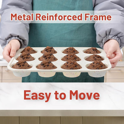 Silicone Muffin Pan, Metal Reinforced Frame Cupcake Pan 12 Cups Regular Size Easy to Move in or Out of Oven Non-Stick (2)