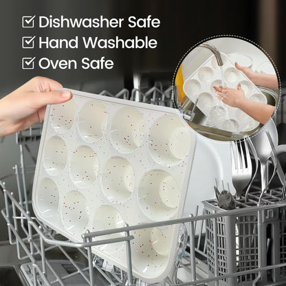 Silicone Muffin Pan, Metal Reinforced Frame Cupcake Pan 12 Cups Regular Size Easy to Move in or Out of Oven Non-Stick (2)