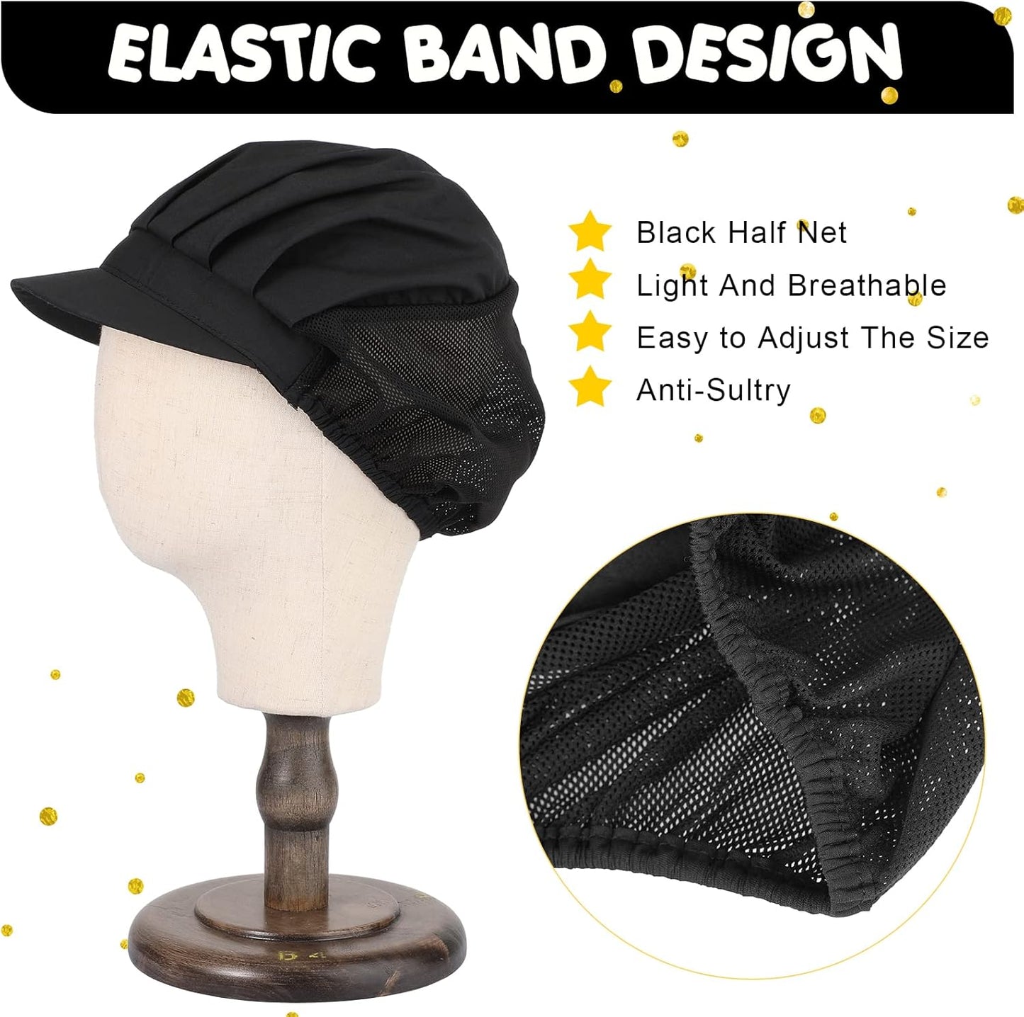 16 Pcs Chef Hats for Women Hair Nets Kitchen Cooking Chef Cap Adjustable Elastic Work Cap for Women Adult, Black