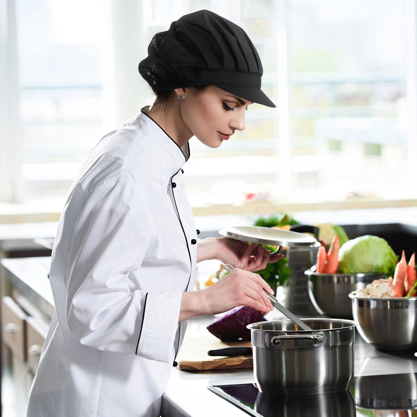 16 Pcs Chef Hats for Women Hair Nets Kitchen Cooking Chef Cap Adjustable Elastic Work Cap for Women Adult, Black