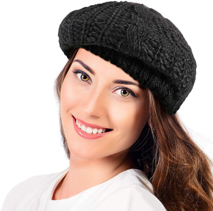 2 Pcs Women Crochet Beret Solid Color Knit Beanie Hats Lightweight Ladies Slouchy French Beret Hats (Black, Beige)