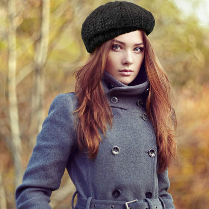 2 Pcs Women Crochet Beret Solid Color Knit Beanie Hats Lightweight Ladies Slouchy French Beret Hats (Black, Beige)