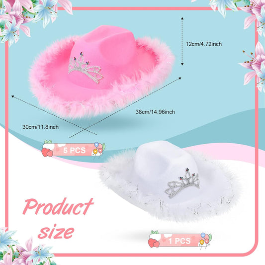 6 Pack Women Cowgirl Cowboy Hats with Feather Western Hat for Bachelorette Bridal Wedding Party Costume Dress up