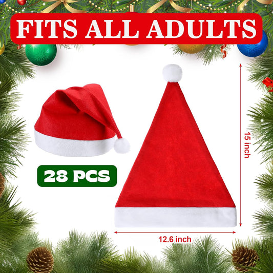 28 Pieces Christmas Red Santa Hat Xmas claus Santa plush Hat Non-woven Fabric costume hat for kids adult Christmas (12.6 x 15 Inch)