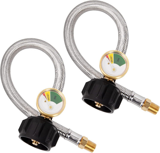 RV Propane Hose with Gauge for Camper, 12 Inch Braided Propane Pigtail for Dual Stage Regulator, 1/4 Inch Male NPT x QCC1, 2 Pack
