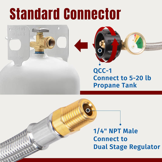 15 Inch RV Propane Hose with Gauge, Stainless Steel Braided Camper Tank Hose for Dual Stage Regulator, 1/4 Inch Male NPT x QCC1, 2 Pack