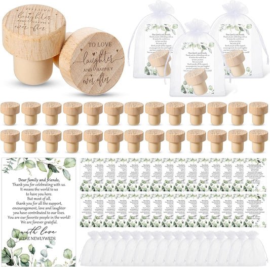50 Sets Wedding Favors for Guests Bulk Engraved Wood Wine Bottle Corks Wine Stopper with Wedding Thank You Cards and Organza Bags Appreciation Gifts for Guest Thank You Gifts(Novelty)