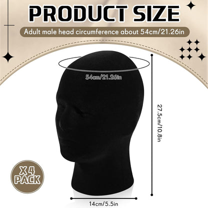 4 Pcs Black Mannequin Head Stand Model Male Wigs Display Model Velvet Foam Mask Display Stand Headsets Mount Manikin Head or Wig Hat Glasses
