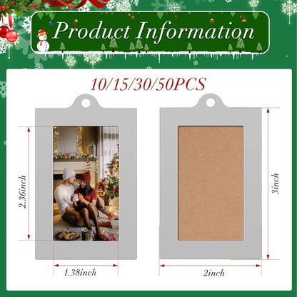 50 Pcs Metal Christmas Photo Frame Ornaments Bulk 2 x 3 Inch Heavy Duty Reusable Small Frame Decorations for Xmas Tree Home Indoor Outdoor Decor Gifts (Vertical,Silver)