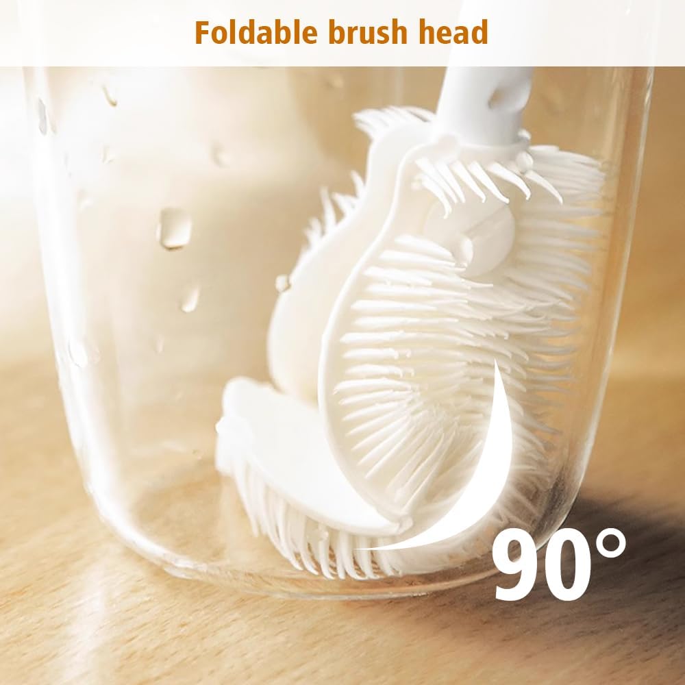 Soft Bristle Silicone Cup Brush, Upgrade 360°Silicone Cup Brush Long Handle Water Bottle Brush Cleaner, Cup Cleaner Brush Cup Lid Cleaning Brush for Narrow Neck containers (1, White)