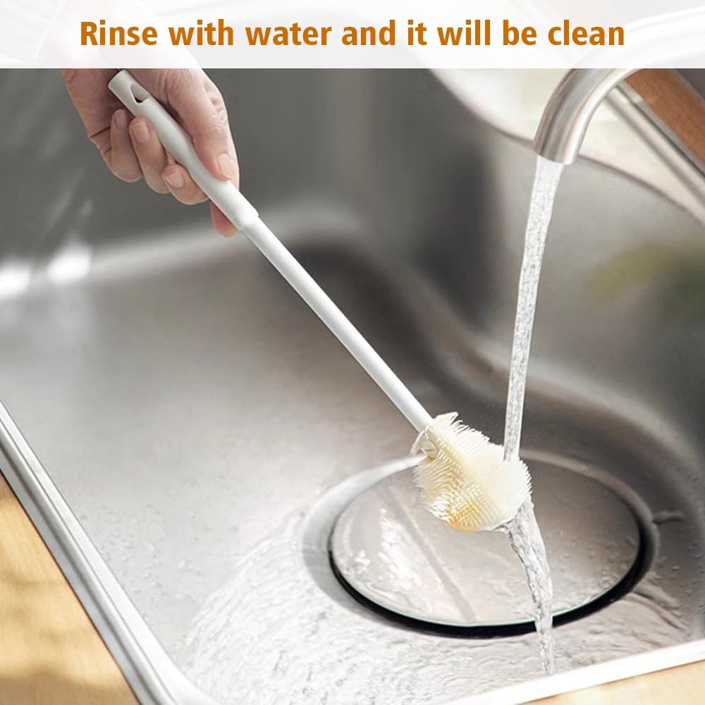 Soft Bristle Silicone Cup Brush, Upgrade 360°Silicone Cup Brush Long Handle Water Bottle Brush Cleaner, Cup Cleaner Brush Cup Lid Cleaning Brush for Narrow Neck containers (1, White)
