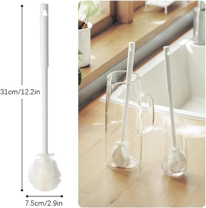 Soft Bristle Silicone Cup Brush, Upgrade 360°Silicone Cup Brush Long Handle Water Bottle Brush Cleaner, Cup Cleaner Brush Cup Lid Cleaning Brush for Narrow Neck containers (1, White)