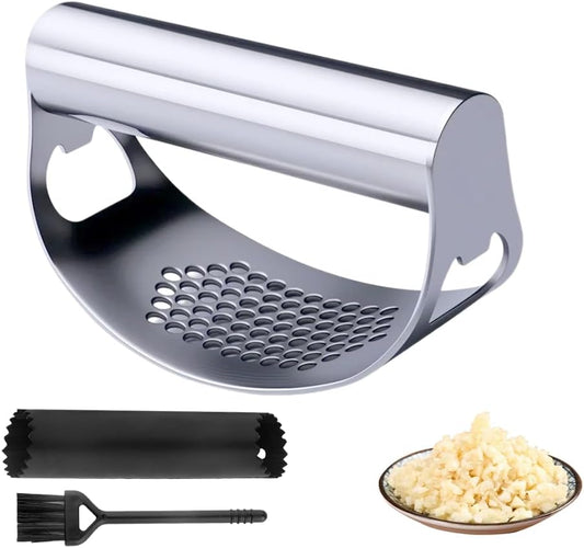 2025 New Stainless Steel Garlic Presser, Portable Manual Stainless Steel Garlic Press for Home Kitchen Utensils, Upgrade Rocker Crusher Masher with Garlic Peeling (1).