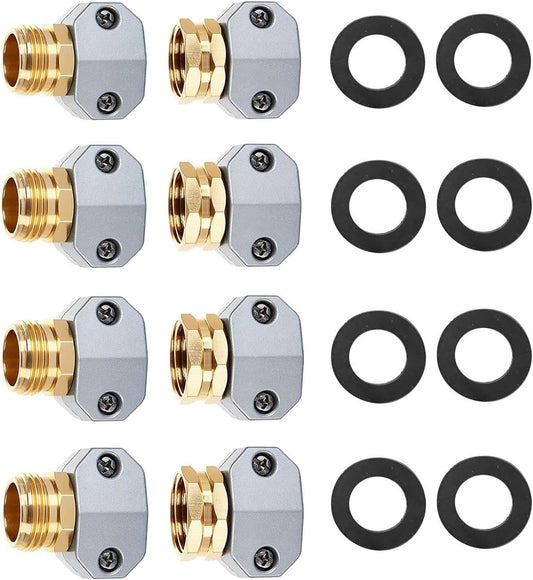 (4 Sets) Garden Hose Repair Connector Fitting, Aluminum Female and Male With Zinc Clamp Water Hose End Repair Connector Fit 3/4 Inch or 5/8 Inch Garden Hose