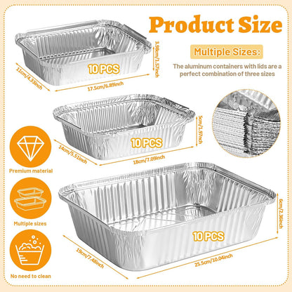 30 Pack Disposable Aluminum Foil Pans with Lids, 10x7.5 And 7.3x5.3 Square 6.9x4.3 Square Combo Set, Disposable Aluminum Pans With Lids for Birthday Party, Wedding, Holiday Celebration