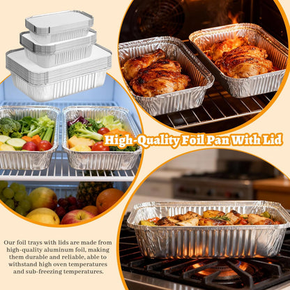 30 Pack Disposable Aluminum Foil Pans with Lids, 10x7.5 And 7.3x5.3 Square 6.9x4.3 Square Combo Set, Disposable Aluminum Pans With Lids for Birthday Party, Wedding, Holiday Celebration