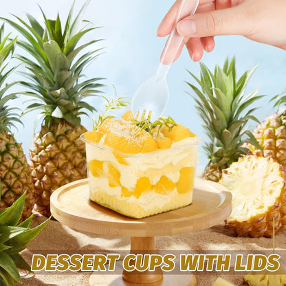 60 Pack 8 oz Plastic Dessert Cups with Lids and Sporks, Square Clear Cups Cake Containers with Lid for Tiramisu, Pudding, Fruit, Yogurt, Parfait, Ice Cream