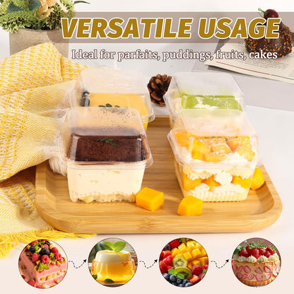 60 Pack 8 oz Plastic Dessert Cups with Lids and Sporks, Square Clear Cups Cake Containers with Lid for Tiramisu, Pudding, Fruit, Yogurt, Parfait, Ice Cream