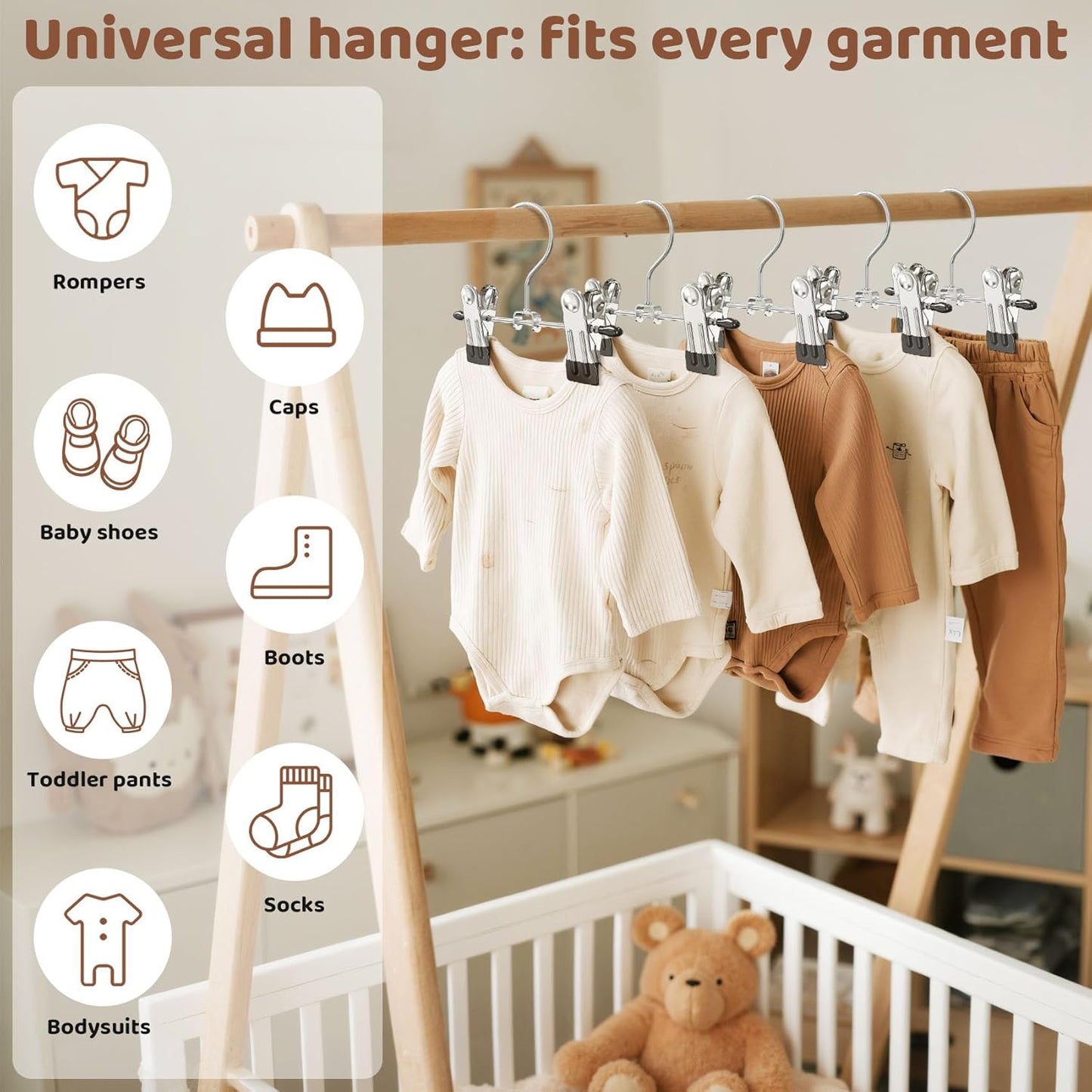 24 Pack Baby Hangers with Clips, 360°Rotatable Toddler Pant Hangers with Clips, Non-Slip Space Saving Kids Hanger for Newborn Children Clothes Skirts Boots Closet Organizers, Black