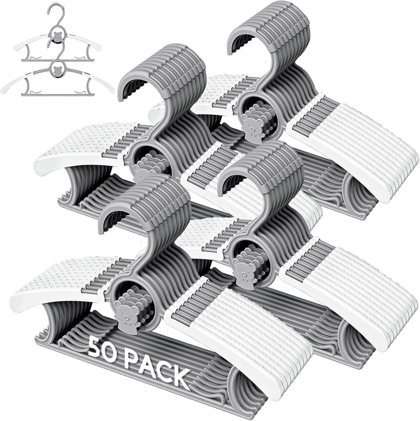 50 Pack Baby Hangers for Nursery Closet, Adjustable Non-Slip Kids Hangers with Windproof Buckle, 11-14" Infant Child Plastic Clothes Pants Toddler Hanger for Boys Girls Newborn Adult, Grey