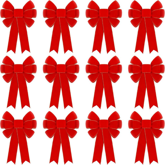 12 Pcs Red Velvet Bows for Christmas Tree Decorations, 9" X 14" Outdoor Christmas Bows Tree Topper Ornaments with Glitter Gold Edge for Wreaths Fireplace Home Party Door Xmas Holiday Decor