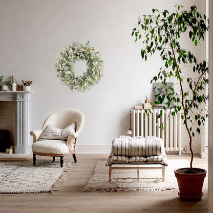 24 Inch Summer Spring Ivory Flowers Wreath for Front Door, Everyday Lamb Ears Leaves Wreath with White Artificial Flower for Indoor and Outdoor, Rustic and Farmhouse Greenery Flower