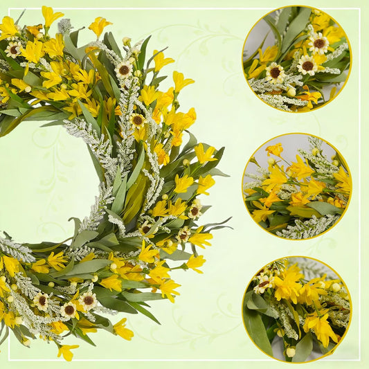 24 Inch Spring Yellow Forsythia Flower Wreath for Front Door, All Season Door Decor Wreath with Yellow Sunflower Greenery Leaves for Indoor Outdoor, Floral Wreaths for Doors Windows Walls