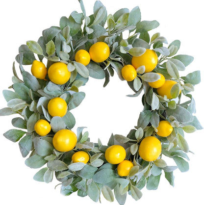 18 Inch Yellow Lemon Spring Summer Wreath for Front Door, Lamb Ears Leaves with Artificial Lemon Door Wreath, Green Leaves for Indoor and Outdoor