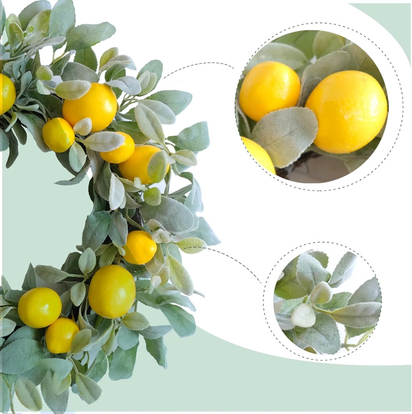 18 Inch Yellow Lemon Spring Summer Wreath for Front Door, Lamb Ears Leaves with Artificial Lemon Door Wreath, Green Leaves for Indoor and Outdoor