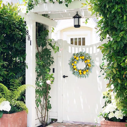 18 Inch Yellow Lemon Spring Summer Wreath for Front Door, Lamb Ears Leaves with Artificial Lemon Door Wreath, Green Leaves for Indoor and Outdoor