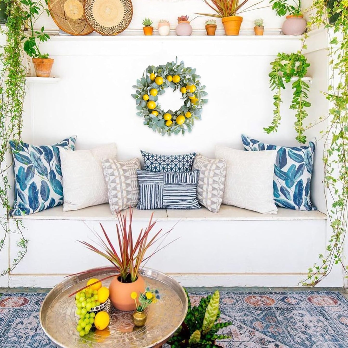 18 Inch Yellow Lemon Spring Summer Wreath for Front Door, Lamb Ears Leaves with Artificial Lemon Door Wreath, Green Leaves for Indoor and Outdoor