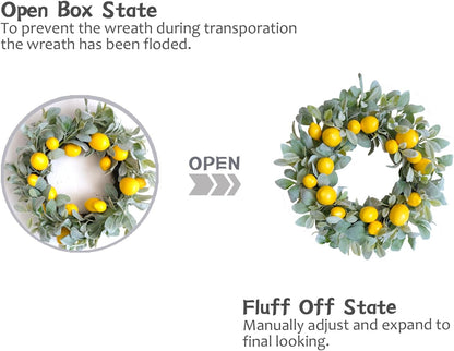 18 Inch Yellow Lemon Spring Summer Wreath for Front Door, Lamb Ears Leaves with Artificial Lemon Door Wreath, Green Leaves for Indoor and Outdoor