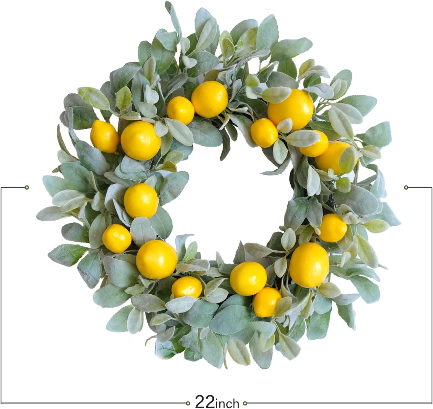 18 Inch Yellow Lemon Spring Summer Wreath for Front Door, Lamb Ears Leaves with Artificial Lemon Door Wreath, Green Leaves for Indoor and Outdoor