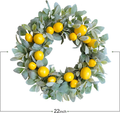18 Inch Yellow Lemon Spring Summer Wreath for Front Door, Lamb Ears Leaves with Artificial Lemon Door Wreath, Green Leaves for Indoor and Outdoor