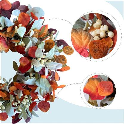 22 Inch Fall Front Door Wreath with Eucalyptus Lamb Ears Leaves and Berries, Autumn Fall Leaves Wreath with White Berries for Indoor and Outdoor, Festival Home Decor