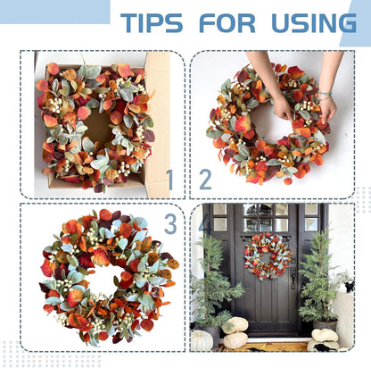 22 Inch Fall Front Door Wreath with Eucalyptus Lamb Ears Leaves and Berries, Autumn Fall Leaves Wreath with White Berries for Indoor and Outdoor, Festival Home Decor