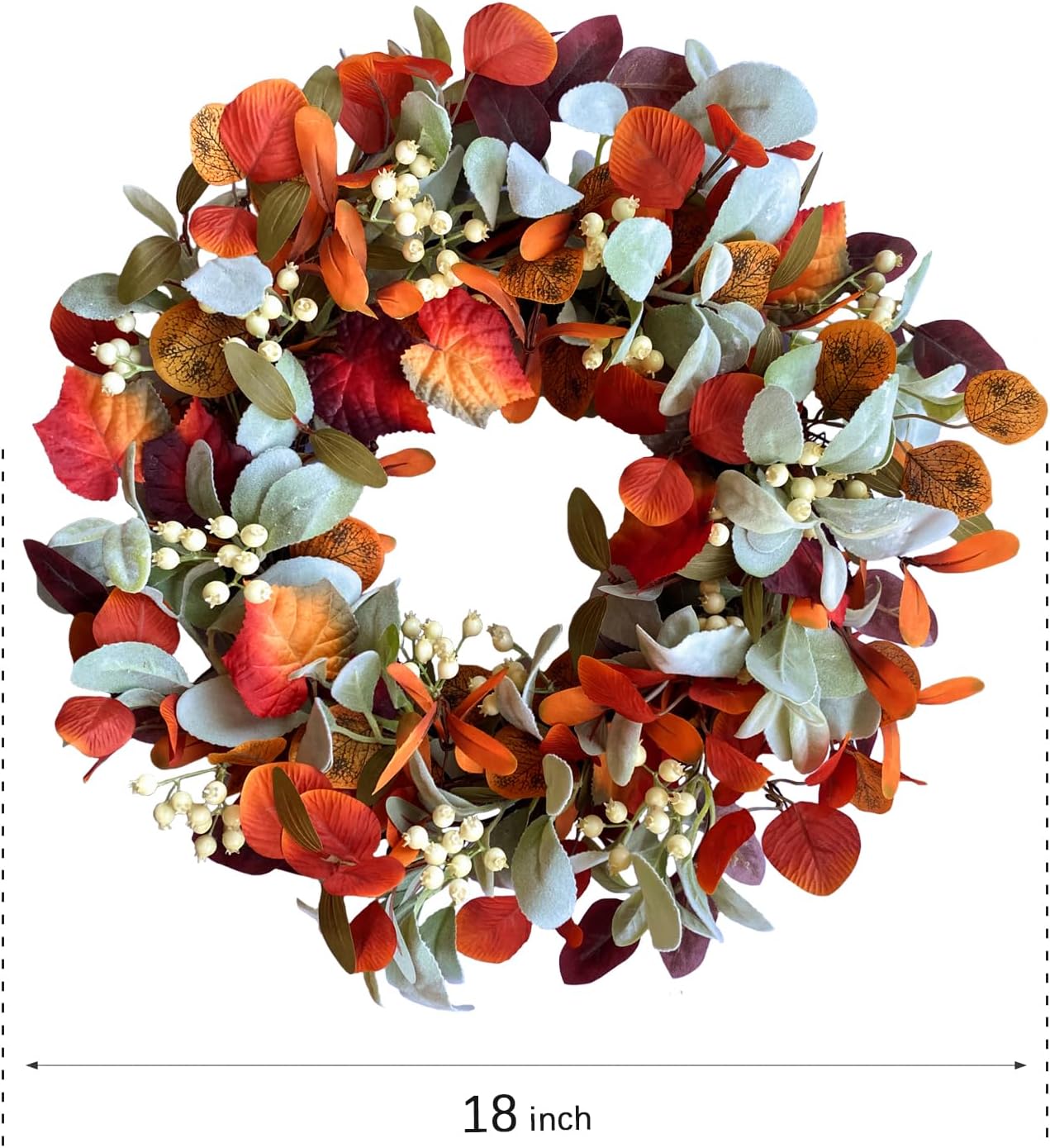 22 Inch Fall Front Door Wreath with Eucalyptus Lamb Ears Leaves and Berries, Autumn Fall Leaves Wreath with White Berries for Indoor and Outdoor, Festival Home Decor