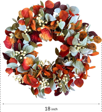 22 Inch Fall Front Door Wreath with Eucalyptus Lamb Ears Leaves and Berries, Autumn Fall Leaves Wreath with White Berries for Indoor and Outdoor, Festival Home Decor