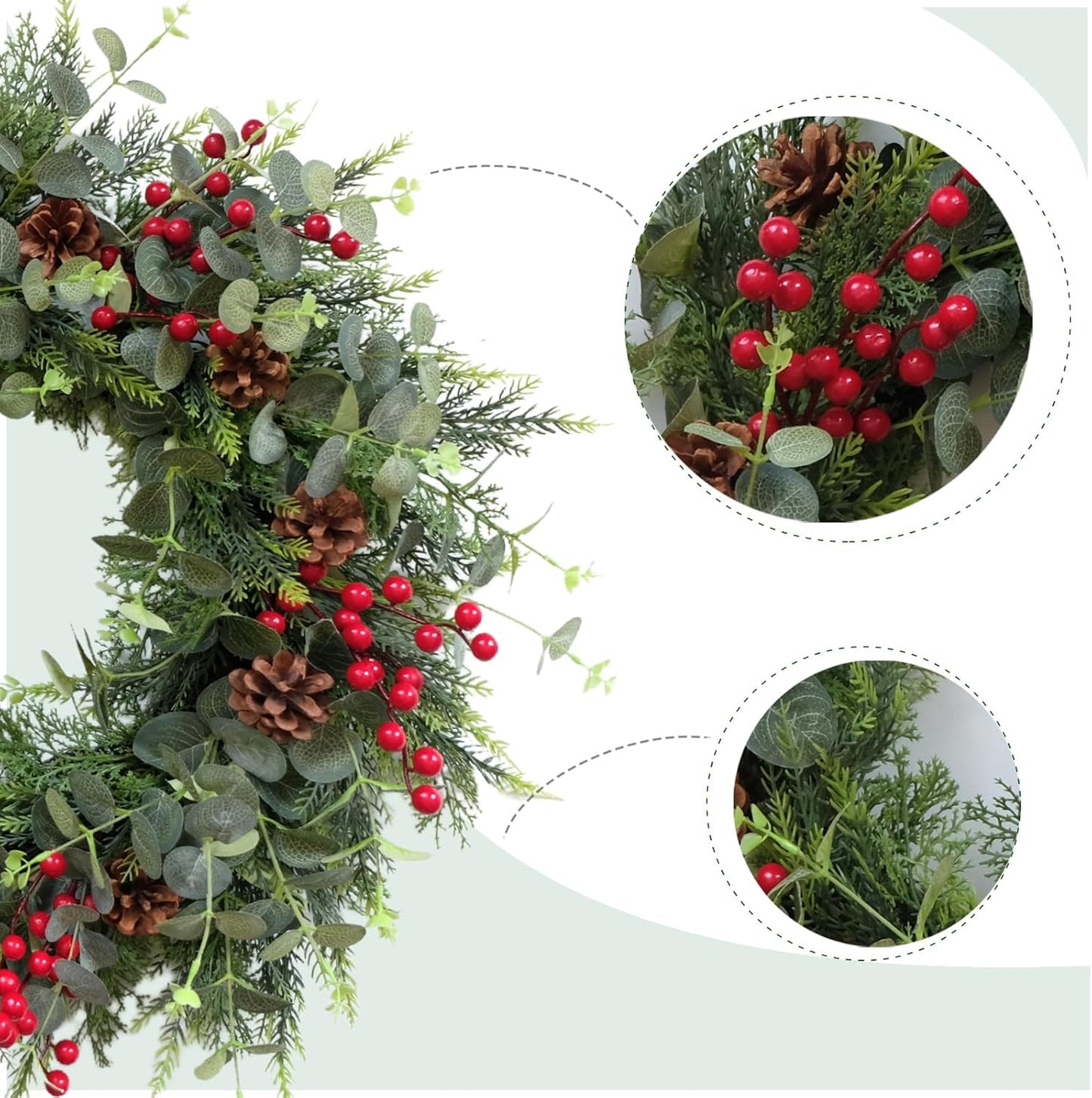 24 Inch Christmas Eucalyptus Red Berries Wreath for Front Door, Winter Green Eucalyptus Leaves Wreath with Pine Cone for Indoor Outdoor, Xmas Wreaths Home Decor