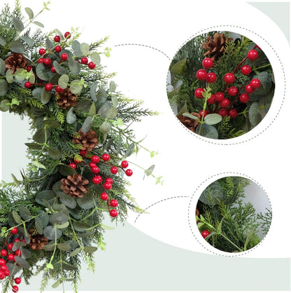 24 Inch Christmas Eucalyptus Red Berries Wreath for Front Door, Winter Green Eucalyptus Leaves Wreath with Pine Cone for Indoor Outdoor, Xmas Wreaths Home Decor