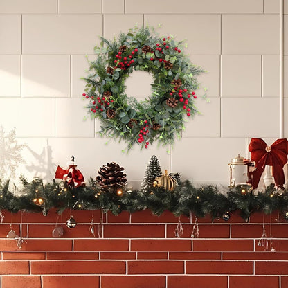 24 Inch Christmas Eucalyptus Red Berries Wreath for Front Door, Winter Green Eucalyptus Leaves Wreath with Pine Cone for Indoor Outdoor, Xmas Wreaths Home Decor