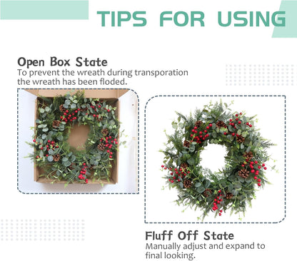 24 Inch Christmas Eucalyptus Red Berries Wreath for Front Door, Winter Green Eucalyptus Leaves Wreath with Pine Cone for Indoor Outdoor, Xmas Wreaths Home Decor