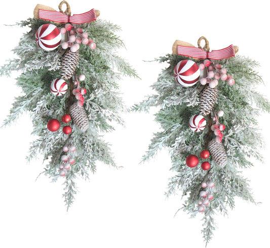 2 PCS 20” Christmas Candy Cane Frosted Pine Needle Teardrop Swag Wreath for Front Door, Xmas Swag with Red White Balls and Berries for Indoor Outdoor, Christmas Window Mailbox Decor Teardrop