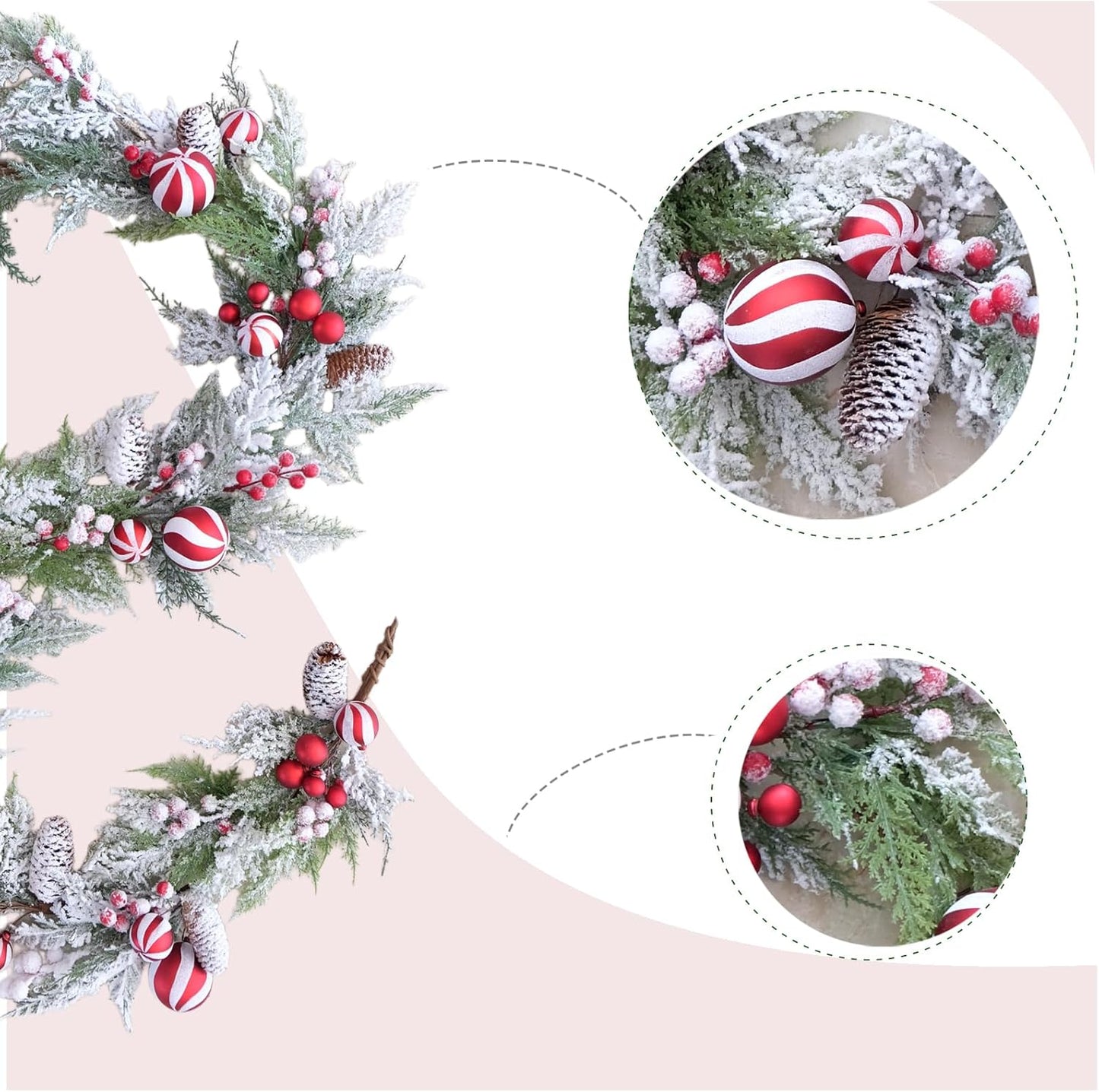 70 Inch Christmas Candy Cane Garland for Front Door, Winter Red White Xmas Holiday Garland for Indoor Outdoor, Christmas Frosted Garland with Berries and Pine Cones
