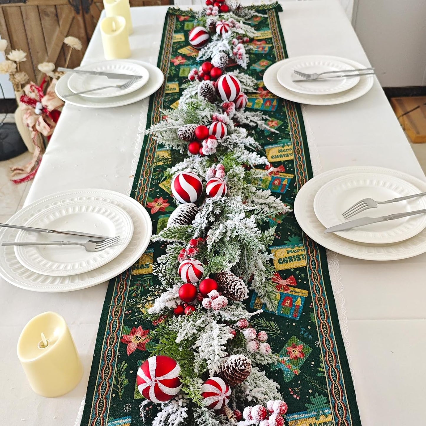 70 Inch Christmas Candy Cane Garland for Front Door, Winter Red White Xmas Holiday Garland for Indoor Outdoor, Christmas Frosted Garland with Berries and Pine Cones