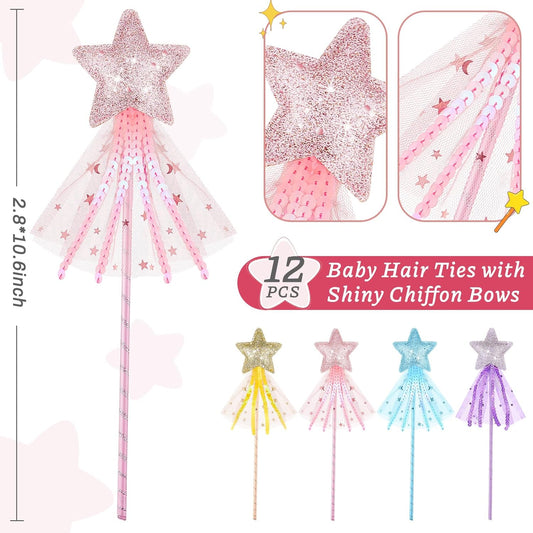 24 Pcs Glitter Star Magic Wand Princess Wand Fairy Angel Star Stick with Ribbon for Girl Kid Birthday Wedding Princess Dress up Role Play Party Supply Favor, Pink Purple Gold Blue