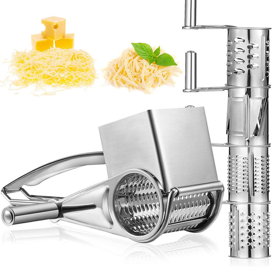 Rotary Cheese Grater Stainless Steel Handheld Rotary Parmesan Grater Cheese Cutter Slicer Shredder with 4 Stainless Drum for Grating Hard Chocolate Nuts Kitchen Tool.