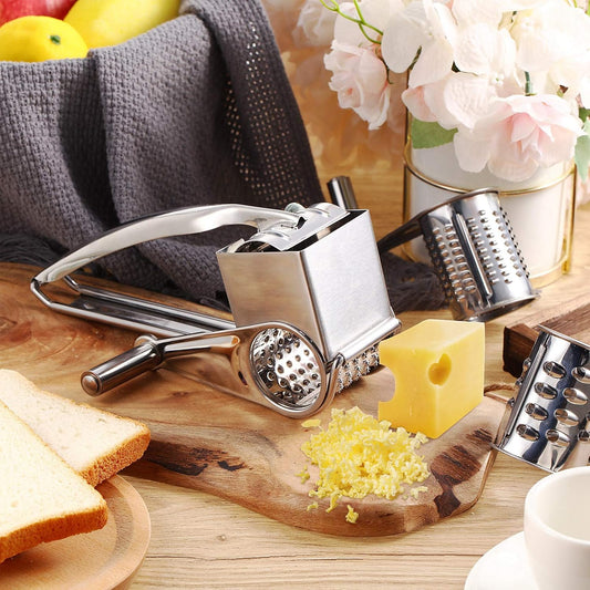Rotary Cheese Grater Stainless Steel Handheld Rotary Parmesan Grater Cheese Cutter Slicer Shredder with 4 Stainless Drum for Grating Hard Chocolate Nuts Kitchen Tool.